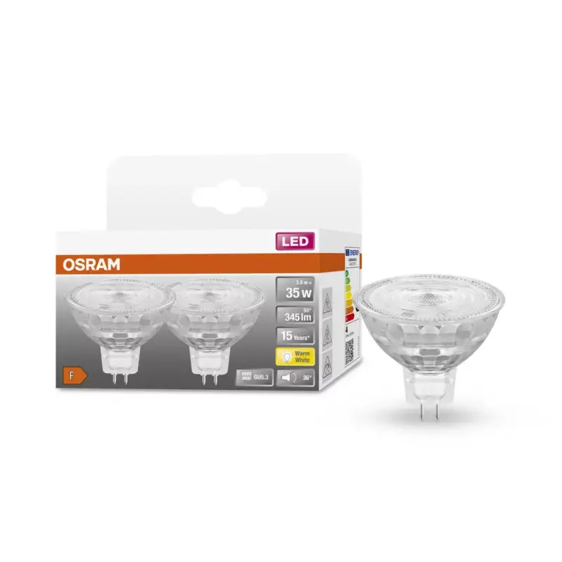 Kiárusítás 2x LED izzó MR16 reflektor GU5.3 3.8W = 35W 345lm 2700K Meleg 12V 36° STAR Osram