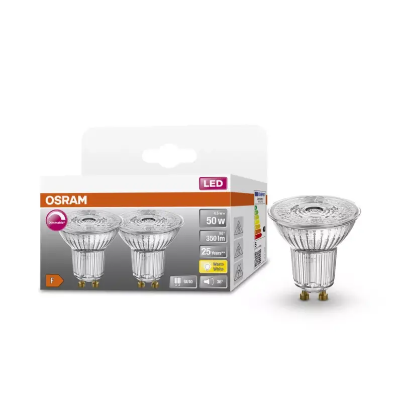 2x LED izzó PAR16 spotlámpa GU10 4,5W = 50W 350lm 2700K Meleg CRI90 36° Szabályozható SUPERSTAR Osram Újdonság
