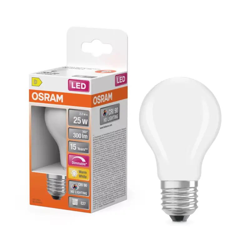 LED izzó A60 E27 2.2W = 25W 300lm Meleg 2700K CRI90 300° Izzószálas, szabályozható fényerejű SUPERSTAR PLUS CLASSIC Osram Azonnal elérhető