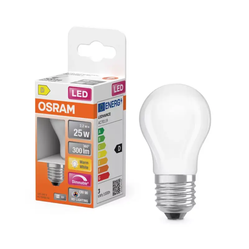 Korlátozott ajánlat LED izzó P45 gömb alakú E27 2.2W = 25W 300lm Meleg 2700K CRI90 300° Izzószálas, szabályozható fényerejű SUPERSTAR PLUS CLASSIC Osram