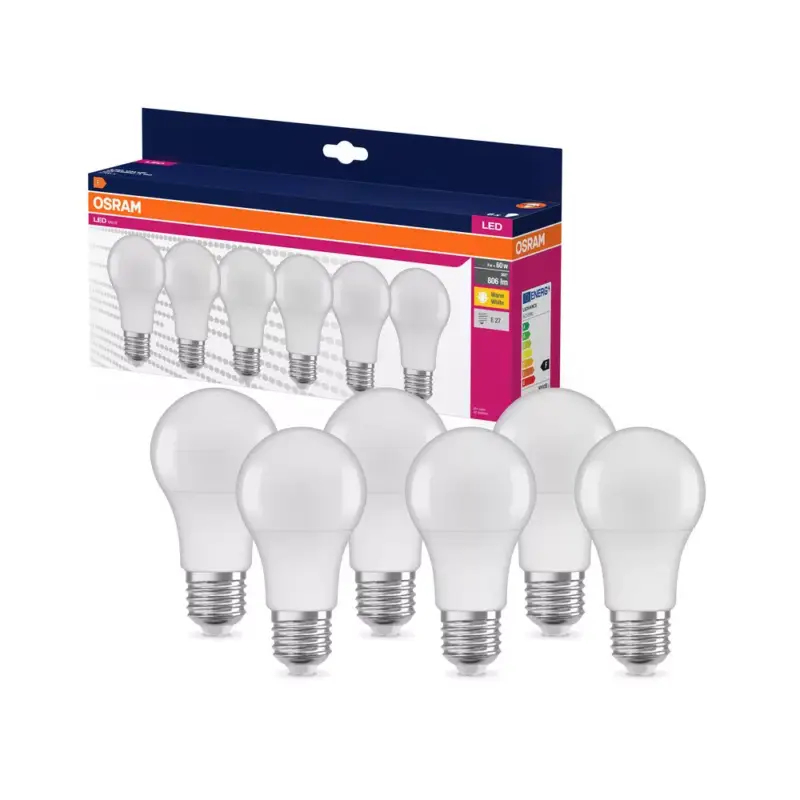 6x LED izzó A60 E27 8W = 60W 806lm 2700K Meleg 150° VALUE CLASSIC Osram Expressz szállítás