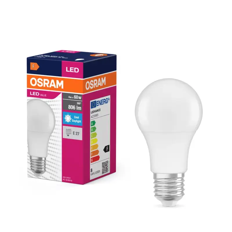 Prémium LED izzó A60 E27 8W = 60W 806lm 6500K Hideg 150° VALUE CLASSIC Osram
