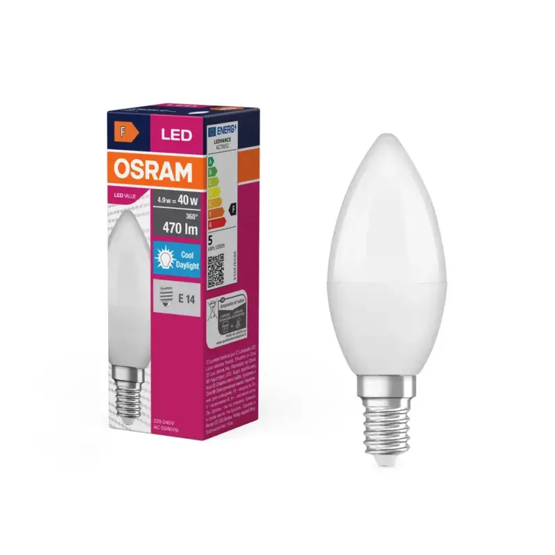 Olcsó LED izzó B37 gyertya E14 4.9W = 40W 470lm 6500K Hideg 180° VALUE CLASSIC Osram