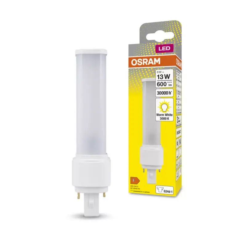 Szezonális akció LED fénycső, egyoldalas, G24d-1, 6W = 13W, 600lm, 3000K, meleg, 120°, DULUX LED D EM és AC, Osram