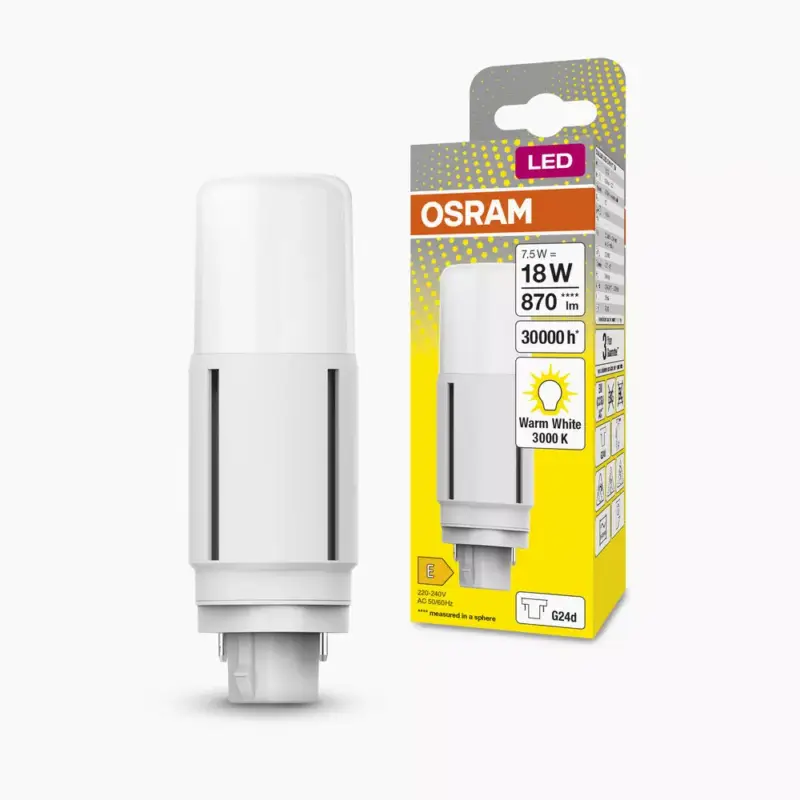 LED fénycső, egyoldalas, G24d, 7,5 W = 18 W, 870 lm, 3000 K, meleg, 300°, DULUX LED D VT EM és AC, Osram Utolsó esély