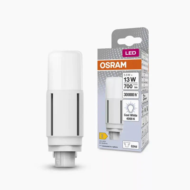 Biztonságos vásárlás LED fénycső, egyoldalas, G24d, 5,5 W = 13 W, 700 lm, 4000 K, semleges, 300°, DULUX LED D VT EM és AC, Osram
