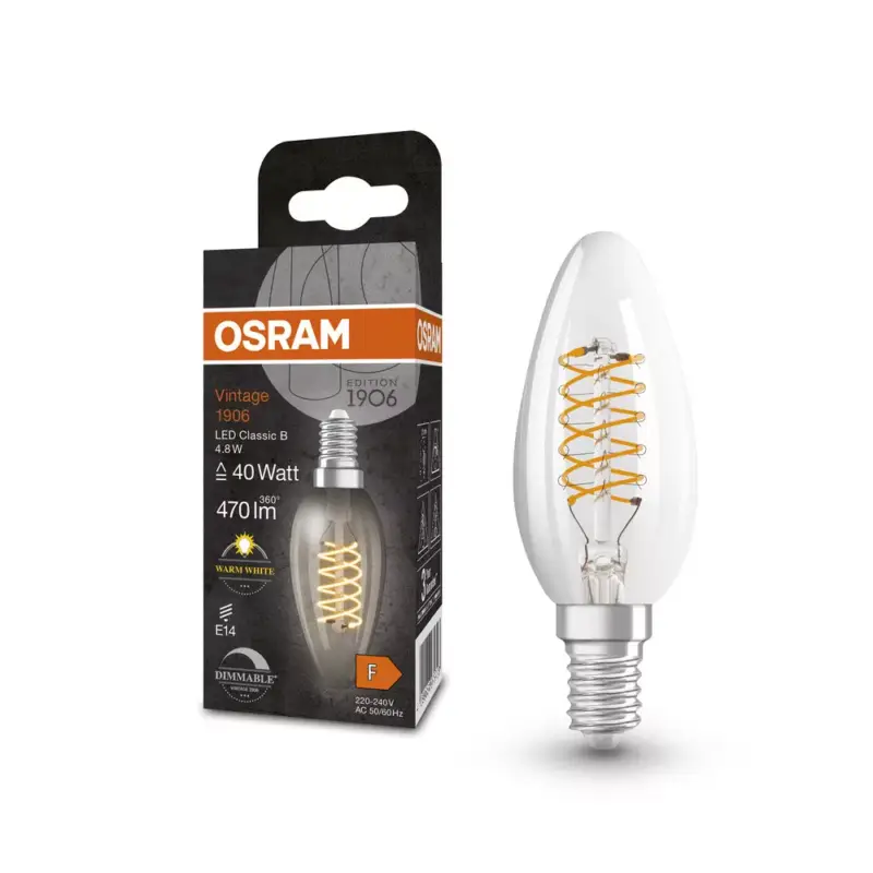 LED dekoratív izzó B35 gyertya E14 4.8W = 40W 470lm 2700K Meleg 320° Izzószálas, szabályozható fényerővel Vintage 1906 Osram Biztonságos vásárlás