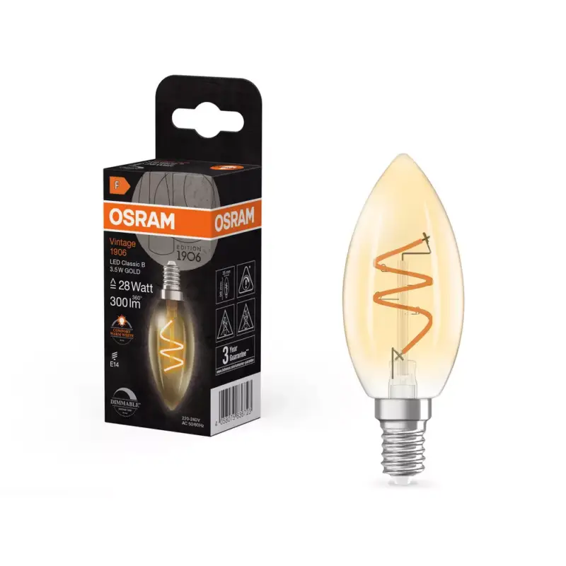 Korlátozott ajánlat LED dekoratív izzó B35 gyertya E14 3,5 W = 28 W 300 lm 2200 K meleg CRI90 300° borostyánszínű izzószál, szabályozható fényerővel, Vintage 1906 Osram