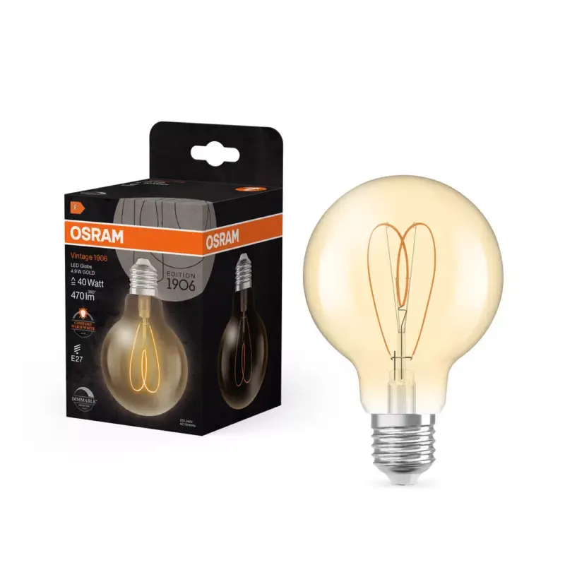 Rendeld meg most LED dekoratív izzó G80 gömb alakú E27 4,9 W = 40 W 470 lm 2200 K Meleg CRI90 300° Borostyánsárga, szabályozható Vintage 1906 Osram